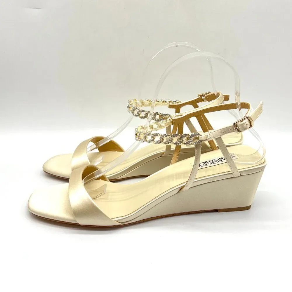 Badgley Mischka Size 9.5 Ivory Satin‎ Jeweled Wedges Dress Sandals Heels Shoes
